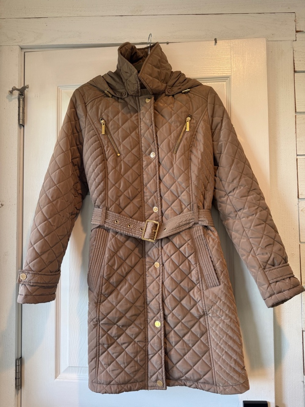 Michael Kors Taupe Quilted Belted Mid-Length Puffer Coat with Gold Hardware